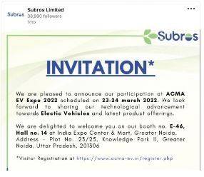 Marketing Strategy of Subros - Subros Limited LinkedIn Post detailing participating in an expo promotional event.