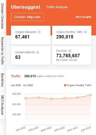 Marketing Strategy Of BHP – Ubersuggest traffic analyzer report