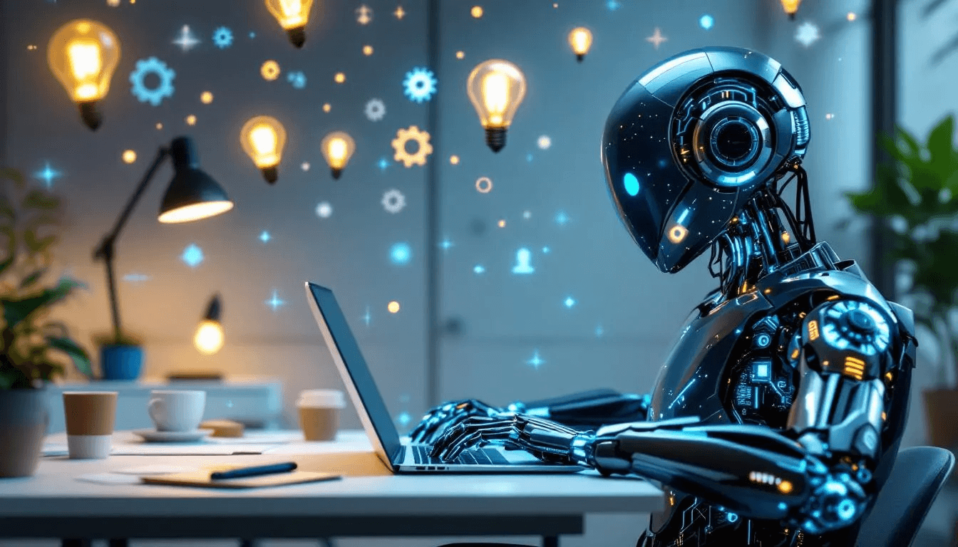 An AI robot is focused on a laptop, engaged in the content creation process, with creative elements like lightbulbs and gears floating around, symbolizing innovation and the integration of AI technology in generating relevant content. This image represents the use of AI tools in streamlining content workflows and enhancing human creativity.