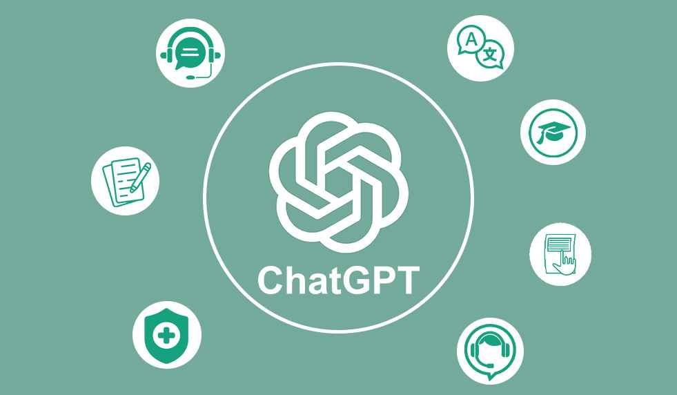 ChatGPT for Beginners -Image of ChatGPT surrounded by emojis of their applications 