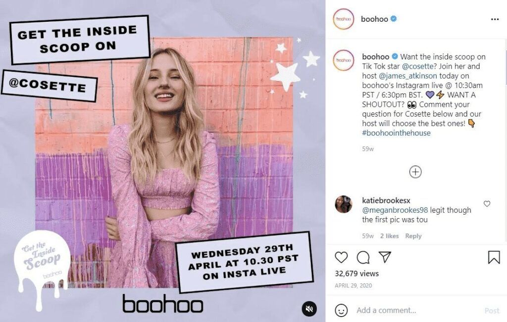 choosing the right social media platfrom - boohoo instagram post