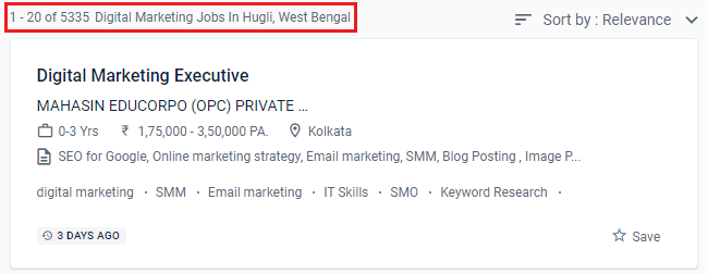 Are you looking for the best digital marketing courses in Hugli? Then you’re in the right place! In this blog, we’ve listed the 5 best digital marketing courses in Hugli including details such as course syllabus, duration, fees, course highlights, and more. Before we delve into this list of best digital marketing courses in Hugli, let’s first habituate you with the growing scope of the digital marketing industry in India and across the world. Digital marketing always targets a specific customer base and is interactive. As due to this pandemic everything all activities are held online & has turned to be a digital world, digital marketing course is on the rise nowadays, people choose digital marketing course as a success key of the future. The importance of digital marketing has touched the skies in no time and has shown massively positive results in revenue and reputation building. However, with the increase in the need for digital marketing, there also has been an increase in the need for digital marketers in cities like Hugli to handle brands and organizations and put digital marketing benefits to the best of us! Don’t believe us? Here’s what the job scenario looks like for digital marketing professionals with digital marketing skills in or around your area: Source: Naukri.com Now knowing fully well that digital marketing is expected to grow at a rapid pace in the coming times, it would be extremely important to see how to start a career in digital marketing. Bonus Tip: If you've recently completed your graduation and are looking for post-graduation courses, you should check out the 11- month MBA in Digital Marketing.