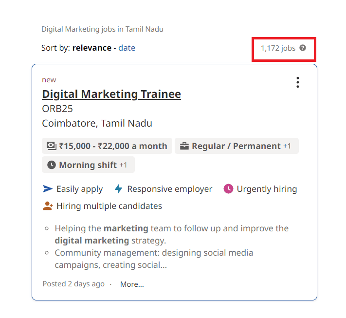 Digital marketing jobs in Cuddalore - Job Statistics