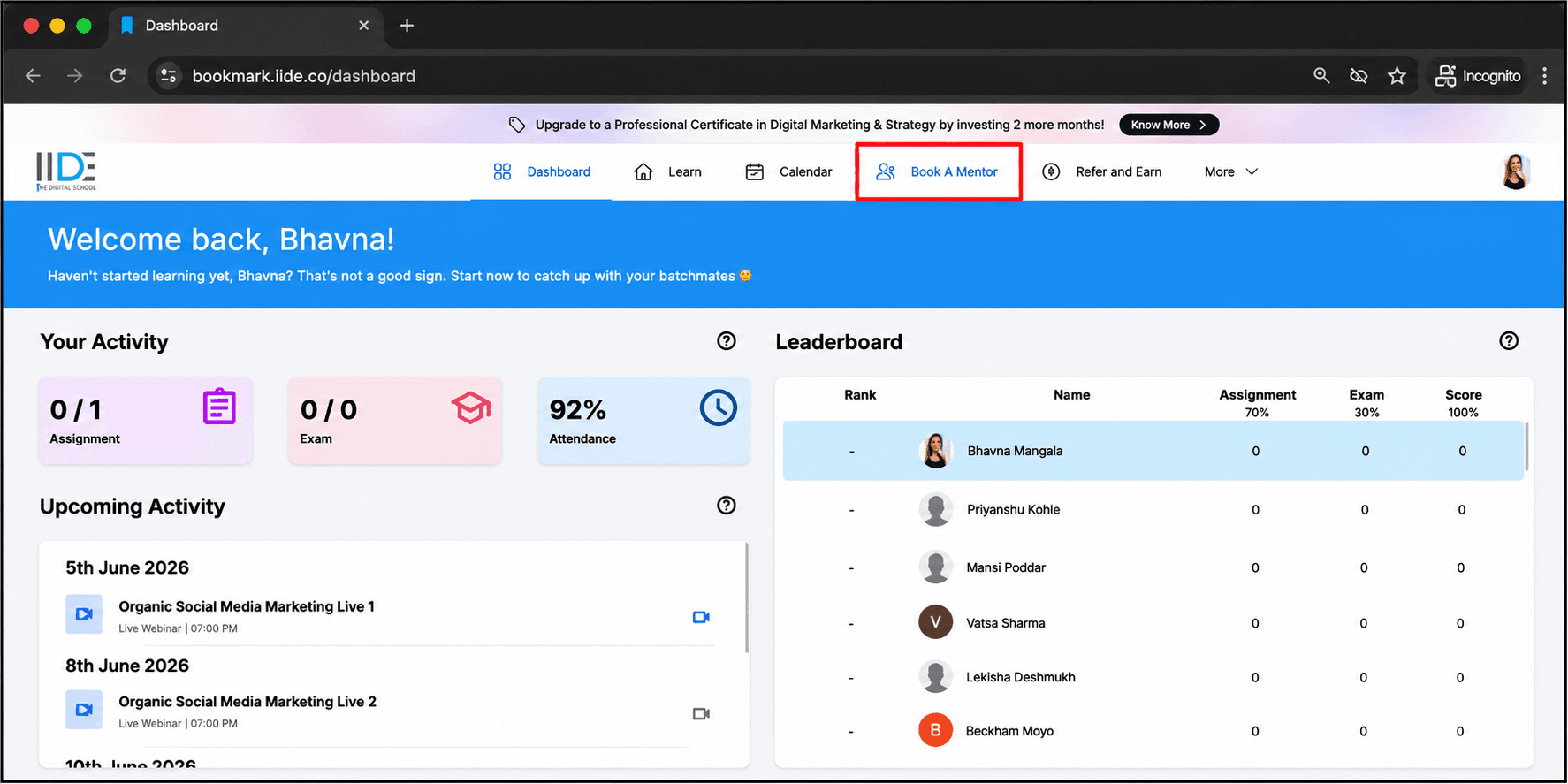 IIDE student dashboard 