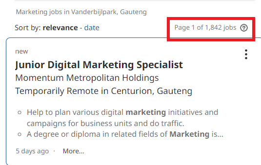 job statistic - vanderbijlpark