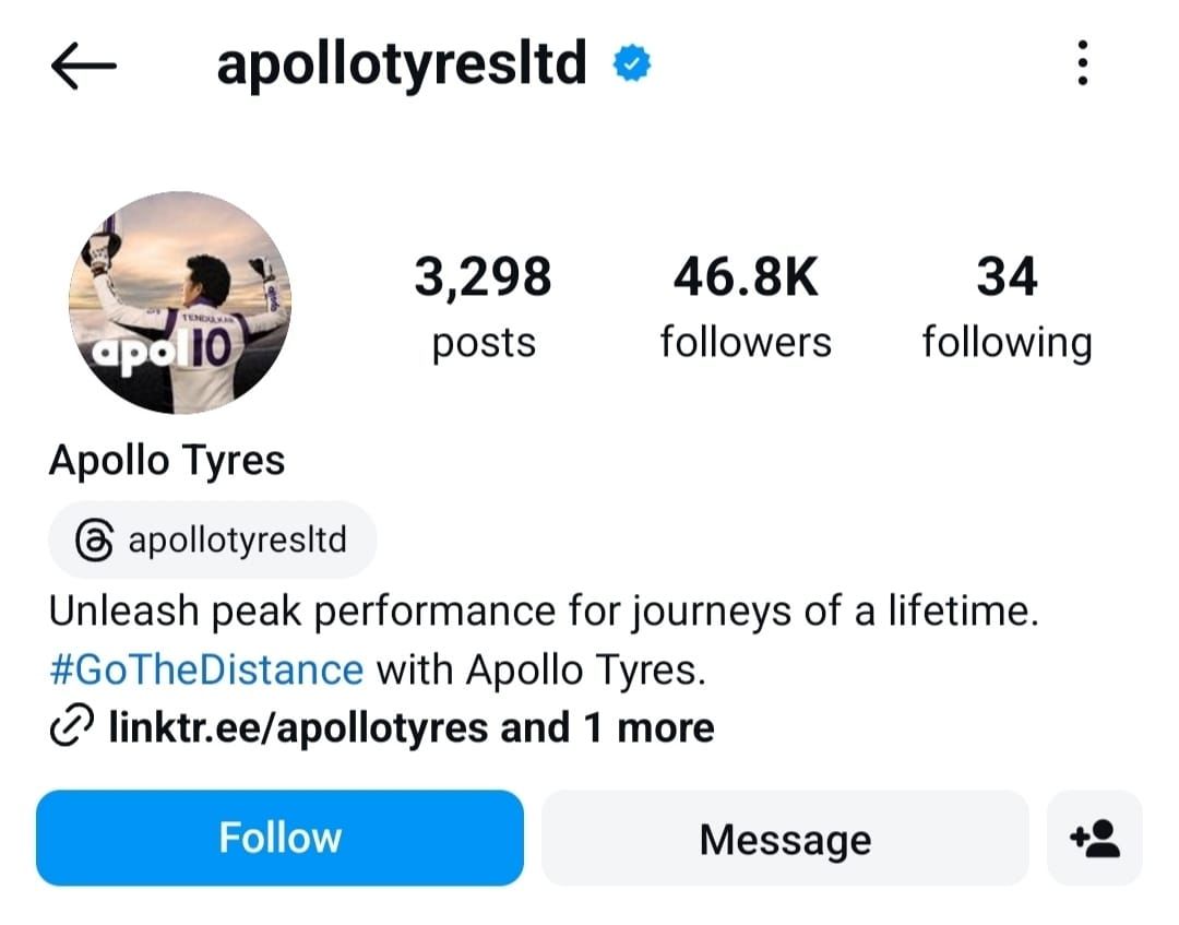 Marketing Strategy of Apollo Tyres - Apollo Tyres Instagram Page