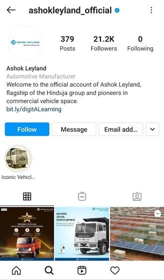 Marketing Strategy of Ashok Leyland - A Case Study - Social Media - Instagram