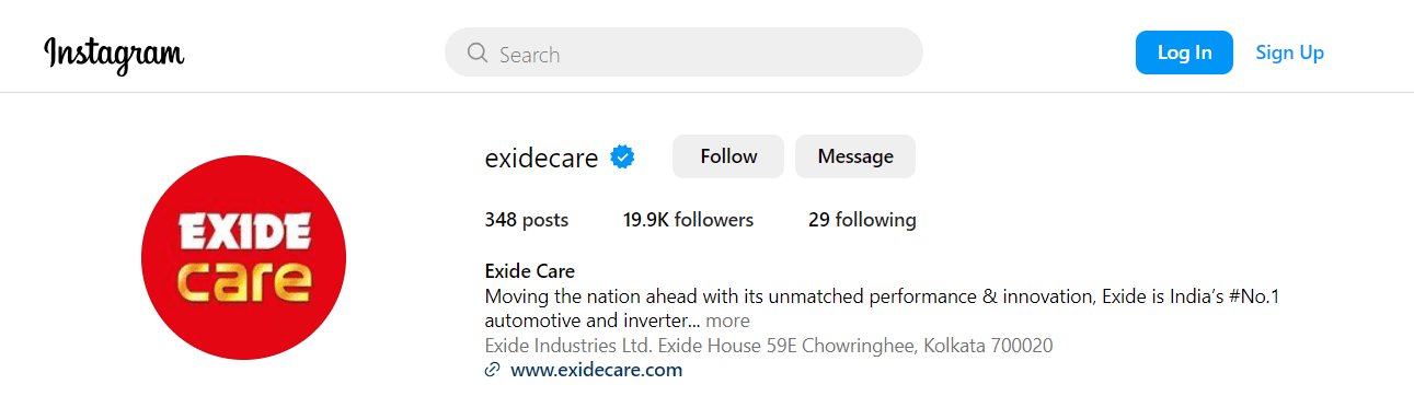 Marketing Strategy of Exide Industries -Exide Care Instagram Account