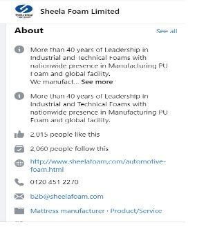 Marketing Strategies of Sheela Foam- Facebook presence
