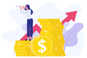 Digital Marketing Salary in Dubai - Animated image of a woman standing on a pile of coins