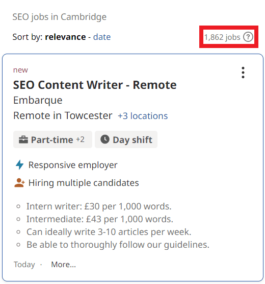 SEO Courses in Cambridge - Job Statistics