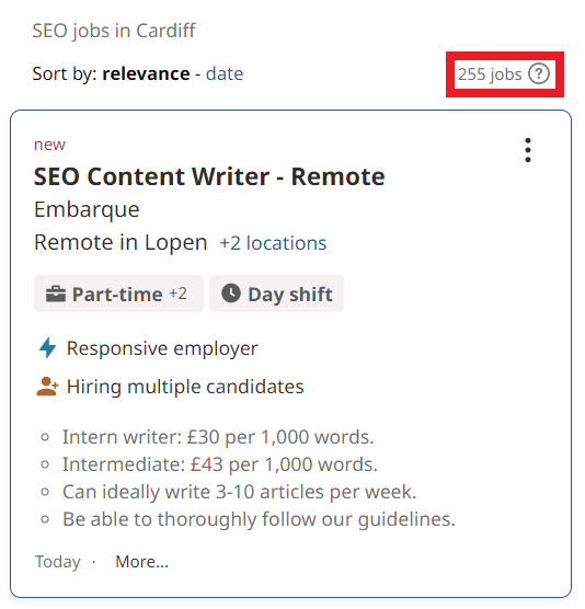 SEO Courses in Cardiff - Job Statistics