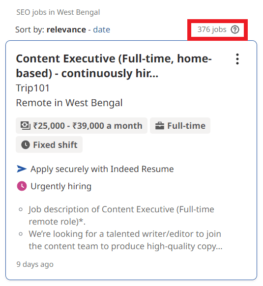 SEO Courses in Halisahar - Job Statistics