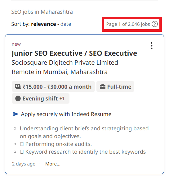 SEO Courses in Jalna - Job Statistics