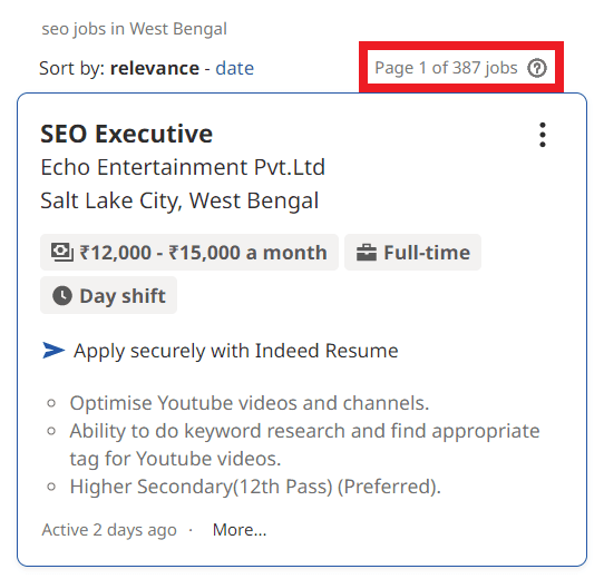SEO Courses in Jamuria - Job Statistics