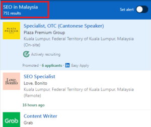 SEO Courses in Malacca - Job Statistics