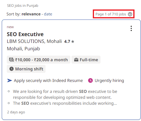 SEO Courses in Moga - Job Statistics 
