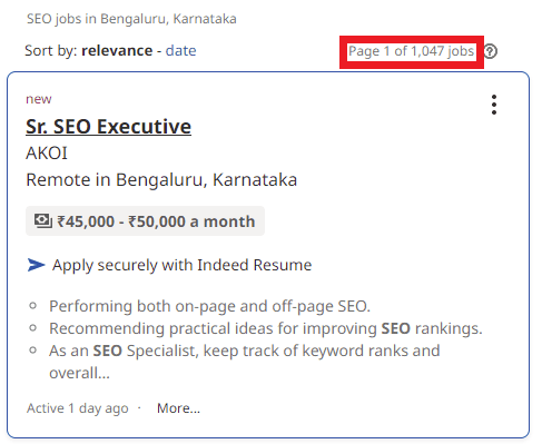 SEO Courses in Kolar - Job Statistics