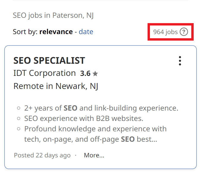 SEO Courses in Paterson - Job Statistics
