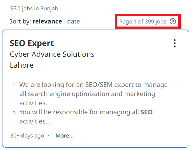 SEO Courses in Vehari - Job Statistics