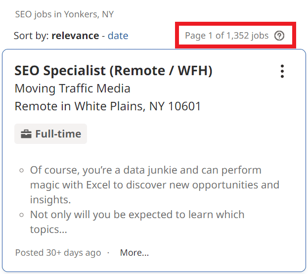SEO Courses in Yonkers - Job Statistics
