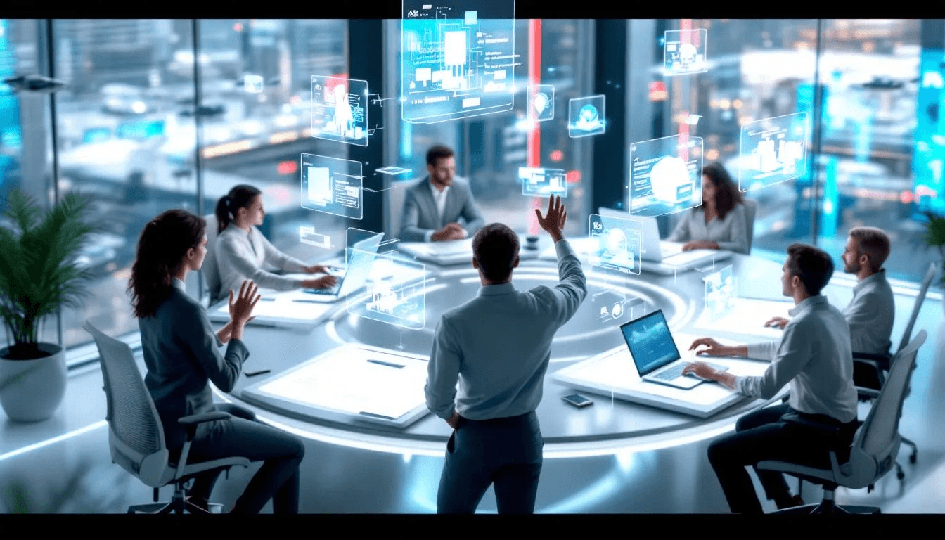 Futuristic workspace showing collaboration between humans and AI in content creation.