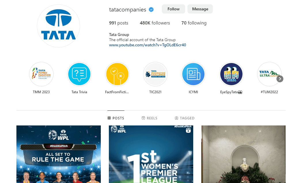Tata Group Marketing Strategy Case Study- Social Media Presence- Instagram