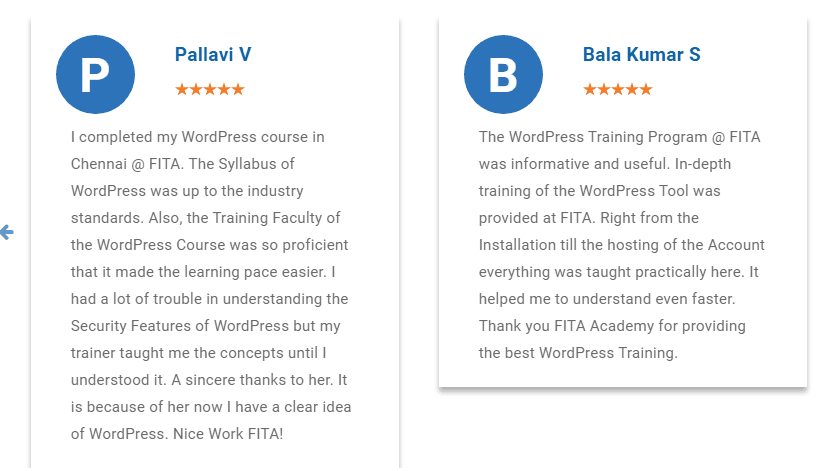 wordpress courses in chennai - fita student reviews