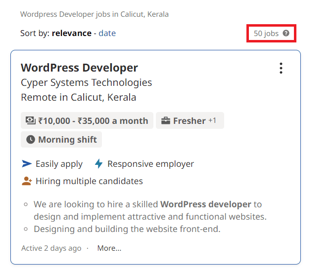 Wordpress courses in Kozhikode - Job statistics