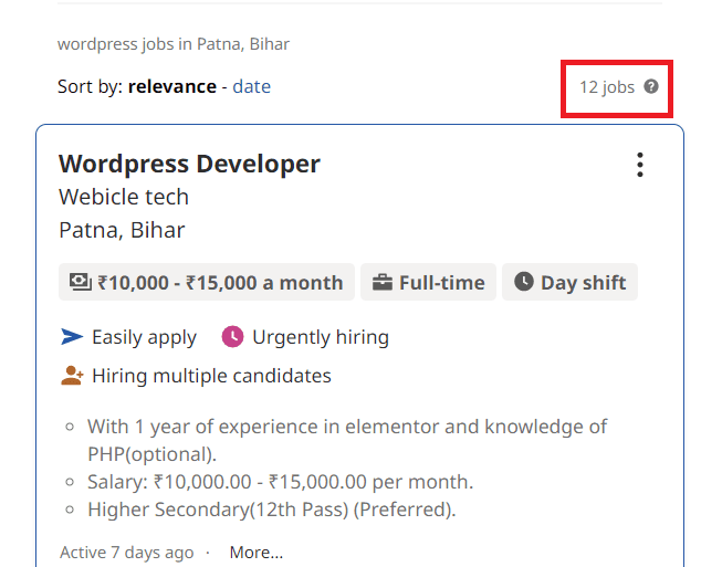 Wordpress courses in Patna - Job statistics